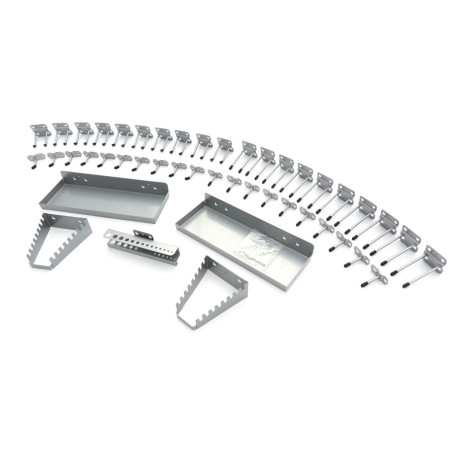 Set of 45 hooks, storage racks and bins for tool walls and modular workstations from HBM.