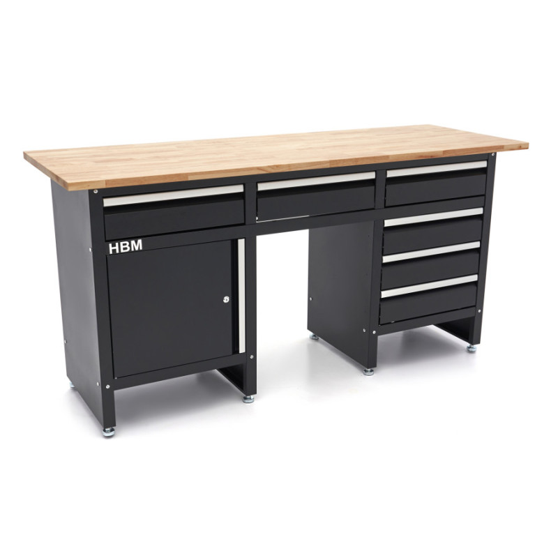 HBM workbench 171 cm with 6 drawers, 1 door and solid wood worktop