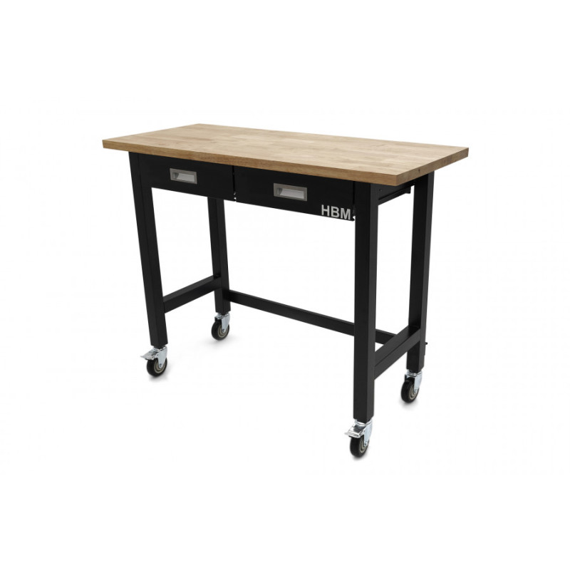 HBM professional mobile workbench 122 cm2 with 2 drawers and solid wood worktop