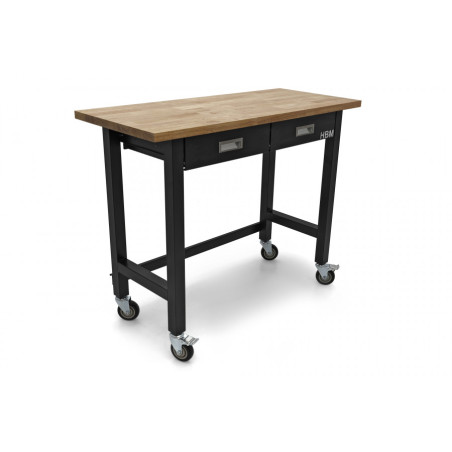 HBM professional mobile workbench 122 cm2 with 2 drawers and solid wood worktop
