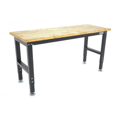 HBM Professional Height-Adjustable Workbench with Solid Wood Worktop 152 cm