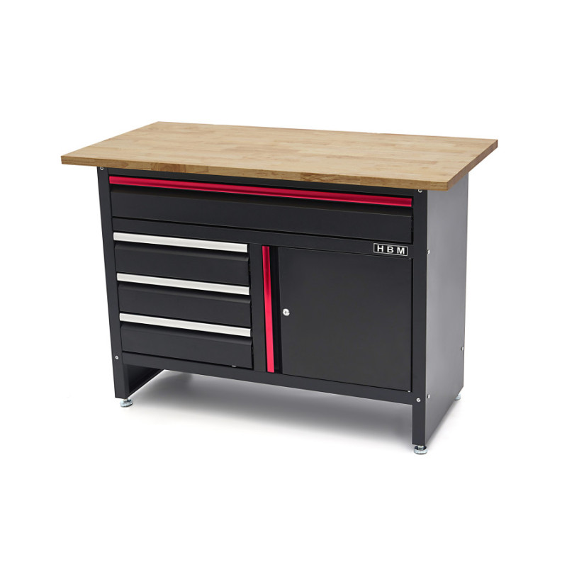 HBM Workbench 120 cm with 4 Drawers, 1 Door and Wooden Top - Black