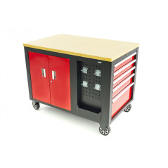 HBM mobile tool trolley, workbench with wooden worktop 10 drawers, red black