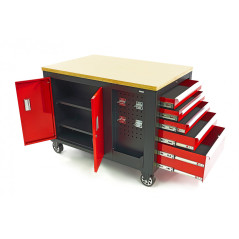 Chariot à outils mobile HBM, établi avec plan de travail en bois 10 tiroirs, rouge noir 9743