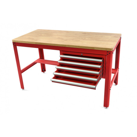 HBM Professional Workbench 155 cm with 5 Drawers and Wooden Worktop, RED